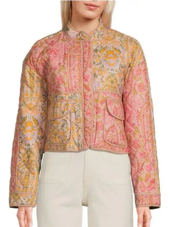 7 For All Mankind Jackets & Blazers - 7 For All Mankind Pink and Gold Floral Cropped Quilted Bomber Jacket